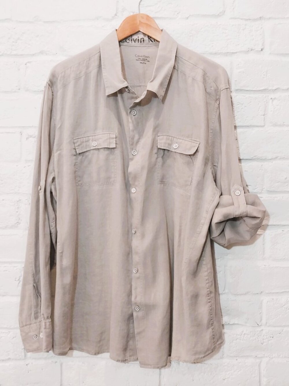 Calvin Klein 100% Linen Button Up Shirt Mens XXL Solid Gray Roll Tab Long Sleeve